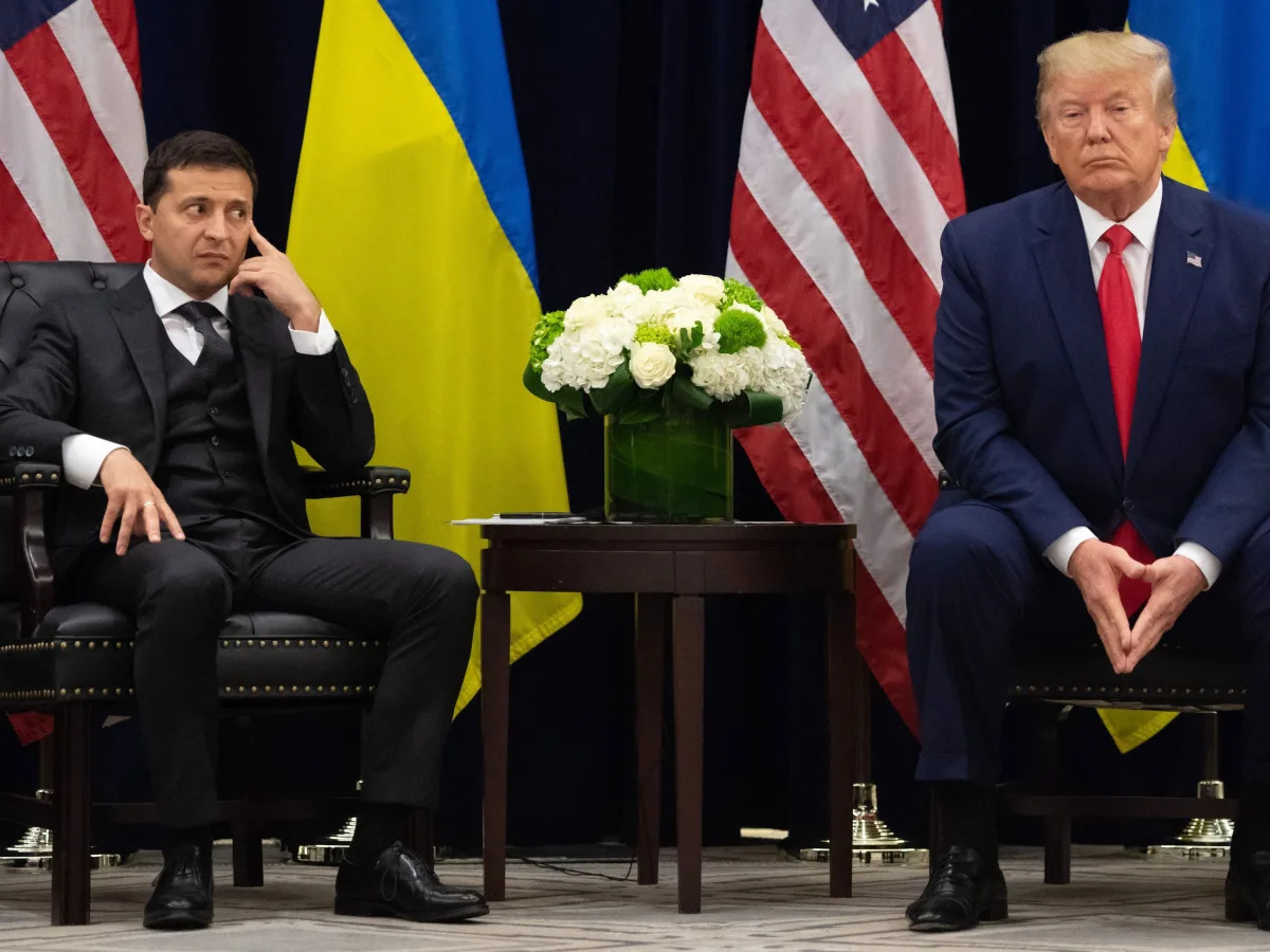 An old clip of Volodymyr Zelenskyy side-eyeing Donald Trump's suggestion that he..