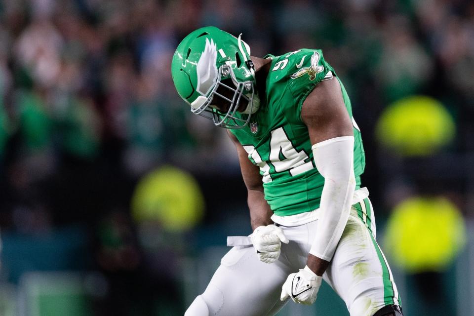 Oct 22, 2023; Philadelphia, Pennsylvania, USA; Philadelphia Eagles defensive end Josh Sweat (94) reacts to his sack during the fourth quarter against the Miami Dolphins at Lincoln Financial Field. Mandatory Credit: Bill Streicher-USA TODAY Sports