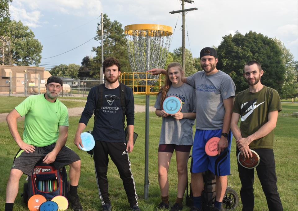 The Adrian Orbit Disc Golf Club meets weekly on Thursdays for games of disc golf at courses in Adrian, including the new course on the PlaneWave Instruments campus. Pictured are club members who participated in matches on Thursday. They are, from left, Bob Mayes of Adrian, Liam Foreman of Adrian, Dani and Blake Hohlbein of Adrian, and Jay Waggner of Devils Lake.