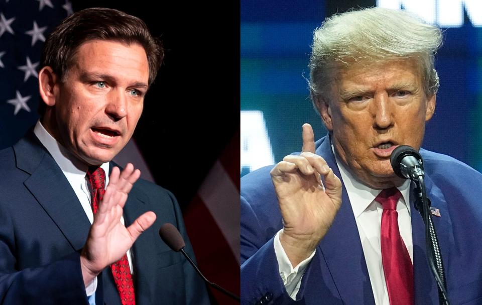 A combination of images shows Florida Governor Ron DeSantis, left, and former President Donald Trump.