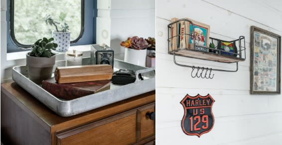 Left:  Tray was a WWII soldiers’ food tray, acquired in Alaska. A decorative horseshoe with stained glass stamped “Maryville" and a "U.S. 129" sign bring a touch of local color. Photo credit: Airbnb.