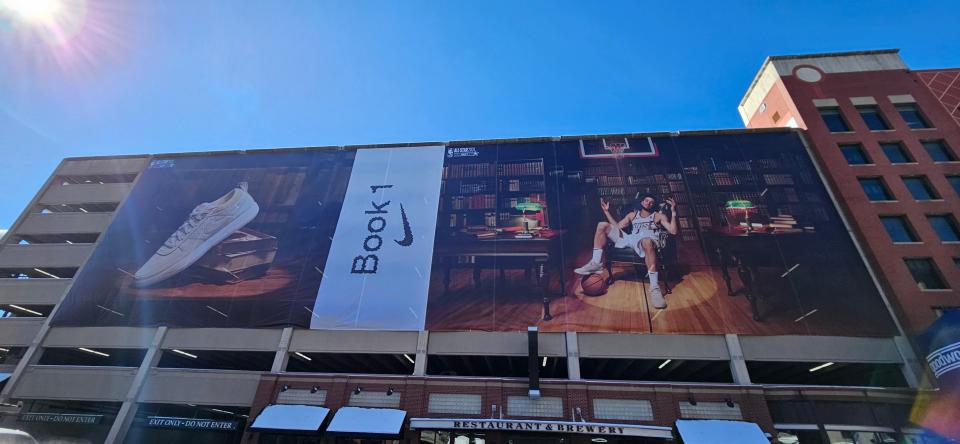 Devin Booker's full Nike Book 1 display on Hyatt Place in downtown Indianapolis, home of NBA All-Star weekend.