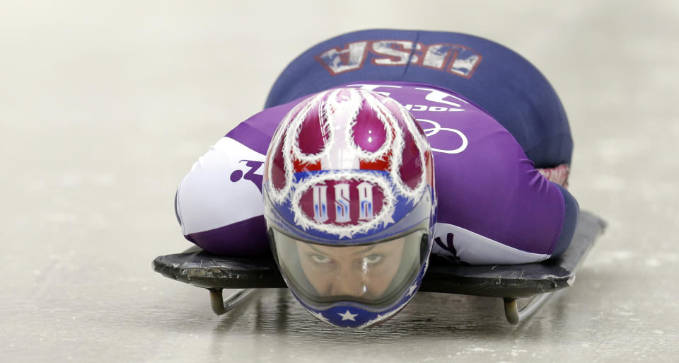 Noelle Pikus-Pace of the United States starts a training run for the women's skeleton during the 2014 Winter Olympics, Monday, Feb. 10, 2014, in Krasnaya Polyana, Russia. (AP Photo/Natacha Pisarenko)