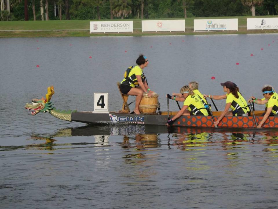 4/21/18--A dragon boat team paddles to the starting line during the 2018 Sarasota International Dragon Boat Festival. Ryan Callihan/rcallihan@bradenton.com