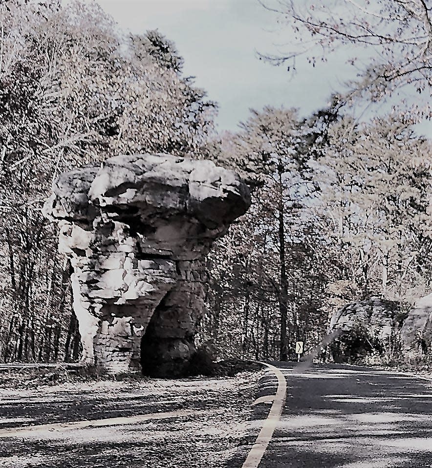 A mushroom-shaped rock, which has been dubbed Needle Eye Rock, at Little River Canyon National Preserve.