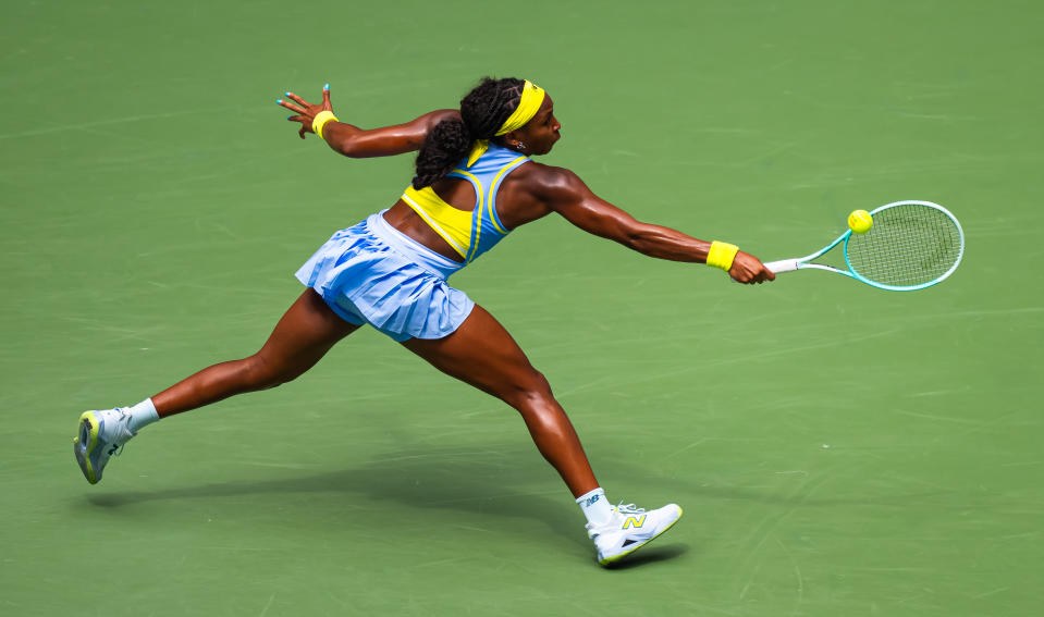 NEW YORK, NEW YORK - AUGUST 30: Coco Gauff of United States in action against Elina Svitolina of Ukraine in the third round on Day 5 of the US Open at the USTA Billie Jean King National Tennis Center on August 30, 2024 in New York City. (Photo by Robert Prange/Getty Images)