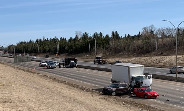 Investigators blocked off the westbound lanes of the Whitemud while they investigated Monday's collision.