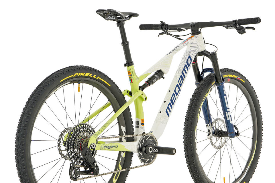 Megamo Track 120mm carbon XC Marathon mountain bike, Buff-Megamo Team Cape Epic Limited Edition replica, angled rear