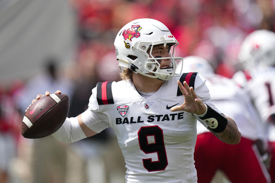 Ball State quarterback Kadin Semonza throws from the pocket in the first half of an NCAA college football game against GeorgiaSaturday, Sept. 9, 2023, in Athens, Ga. (AP Photo/John Bazemore)