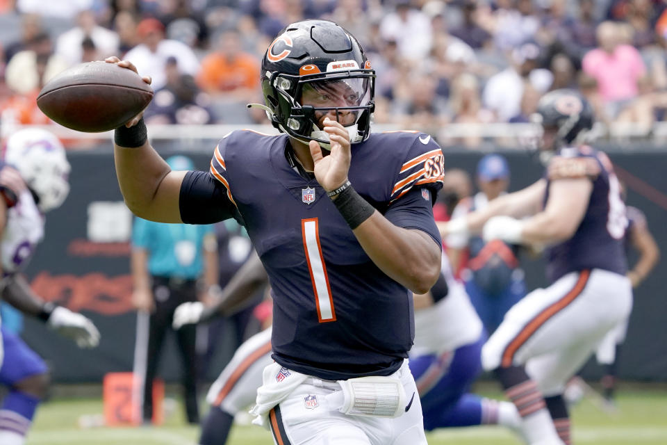 Chicago Bears quarterback Justin Fields passes during the second half of an NFL preseason football game against the Buffalo Bills Saturday, Aug. 21, 2021, in Chicago. (AP Photo/David Banks)