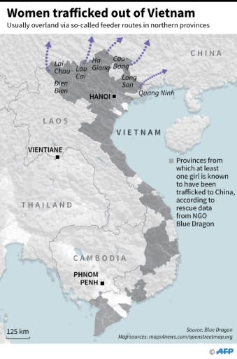 Map highlighting the provinces in Vietnam where girls were known to have been trafficked to China, according to rescue data from NGO Blue Dragon