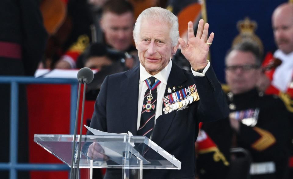 King Charles III gives a speech to mark the 80th anniversary of D-Day during a visit to Portsmouth in southern England.