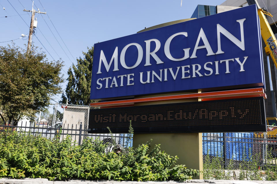 BALTIMORE, MARYLAND - OCTOBER 04: A sign for Morgan State University on October 04, 2023 in Baltimore, Maryland. Police are still looking for a suspect who opened fire on the campus of the historically black college as students were attending a homecoming week event, injuring five people. This is the third year in a row where gun violence has marred the University's homecoming festivities. (Photo by Anna Moneymaker/Getty Images)