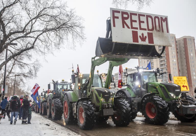 Numerosas personas participan en Edmonton, Alberta, el sábado 5 de febrero de 2022, en una protesta contra los mandatos de vacunas y otras restricciones relacionadas con el COVID-19 en Ottawa, la capital de Canadá. 