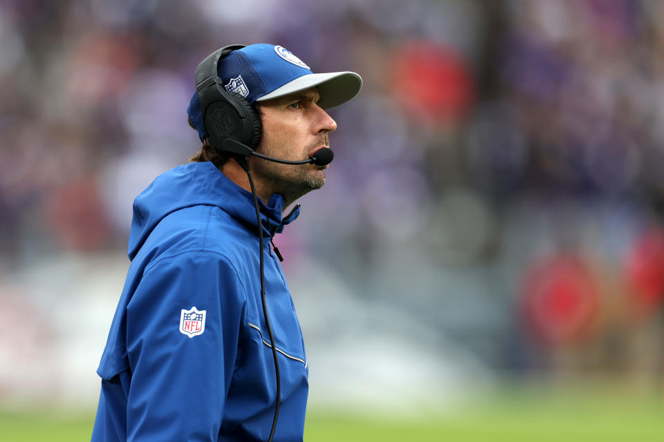 BALTIMORE, MARYLAND – SEPTEMBER 24: Head coach Shane Steichen of the Indianapolis Colts looks on against the <a class="link " href="https://sports.yahoo.com/nfl/teams/baltimore/" data-i13n="sec:content-canvas;subsec:anchor_text;elm:context_link" data-ylk="slk:Baltimore Ravens;sec:content-canvas;subsec:anchor_text;elm:context_link;itc:0">Baltimore Ravens</a> in the second half at M&T Bank Stadium on September 24, 2023 in Baltimore, Maryland. (Photo by Rob Carr/Getty Images)