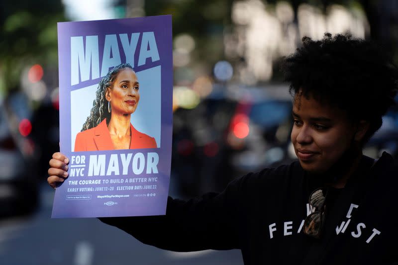 FILE PHOTO: A supporter holds a sign for New York City Mayoral hopeful Maya Wiley at the Democratic primary debate in New York City