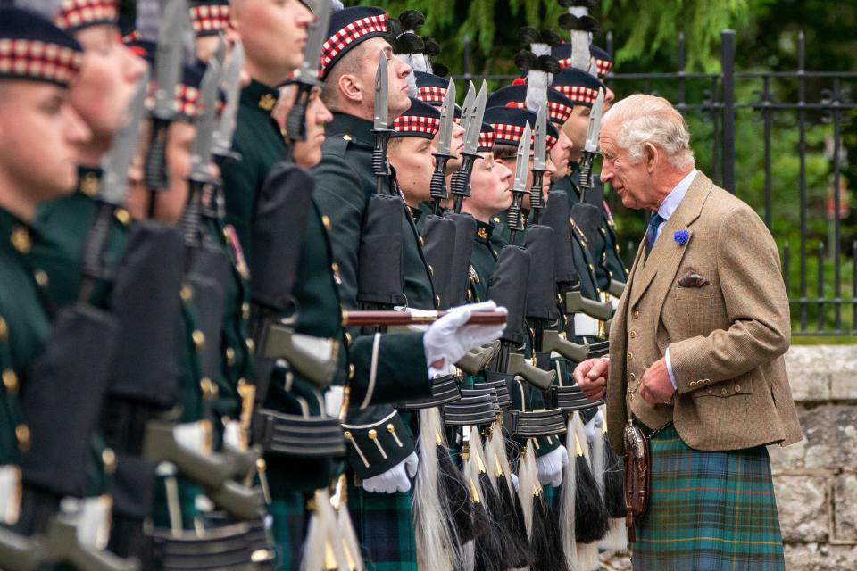 Members of the Balaklava Company stood before King Charles III, right, as he made his inspection.