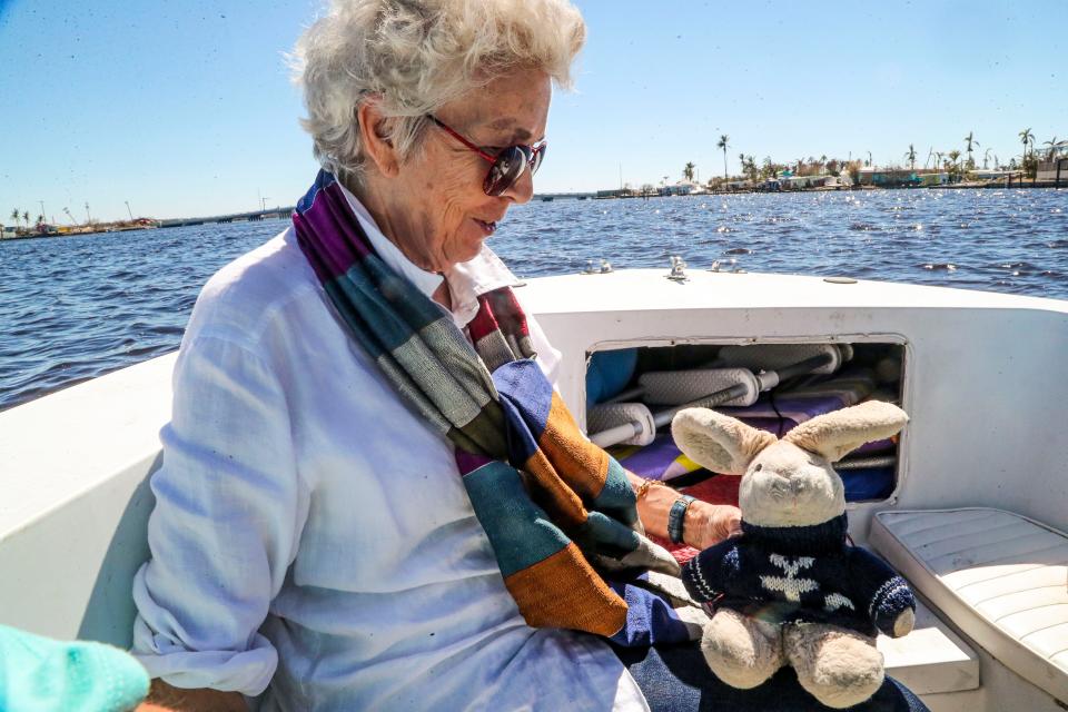 A family stuffed animal made the trip in Gordie's purse. "Big B" along with clothing was taken with when the couple evacuated Pine Island. Agust’n "Kiko" and Julia "Gordie" Villalon, long time Pine Island residents, returned to their Island home for the first time since evacuating before Hurricane Ian. Monday, September 03, 2022, they got to see just how much damage there was.  