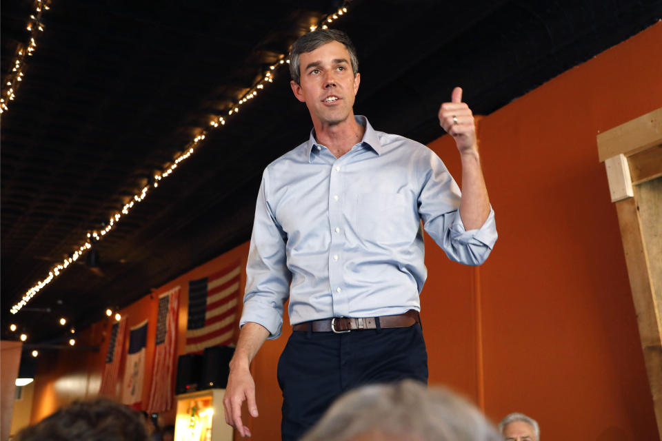 FILE - In this March 15, 2019, file photo, former Texas congressman Beto O'Rourke speaks during a stop at the Central Park Coffee Company in Mount Pleasant, Iowa. The Iowa caucus is still 10 months away, but the Democratic primary campaign is already an all-out sprint _ passing eye-popping markers for campaign activity and voter engagement. (AP Photo/Charlie Neibergall, File)