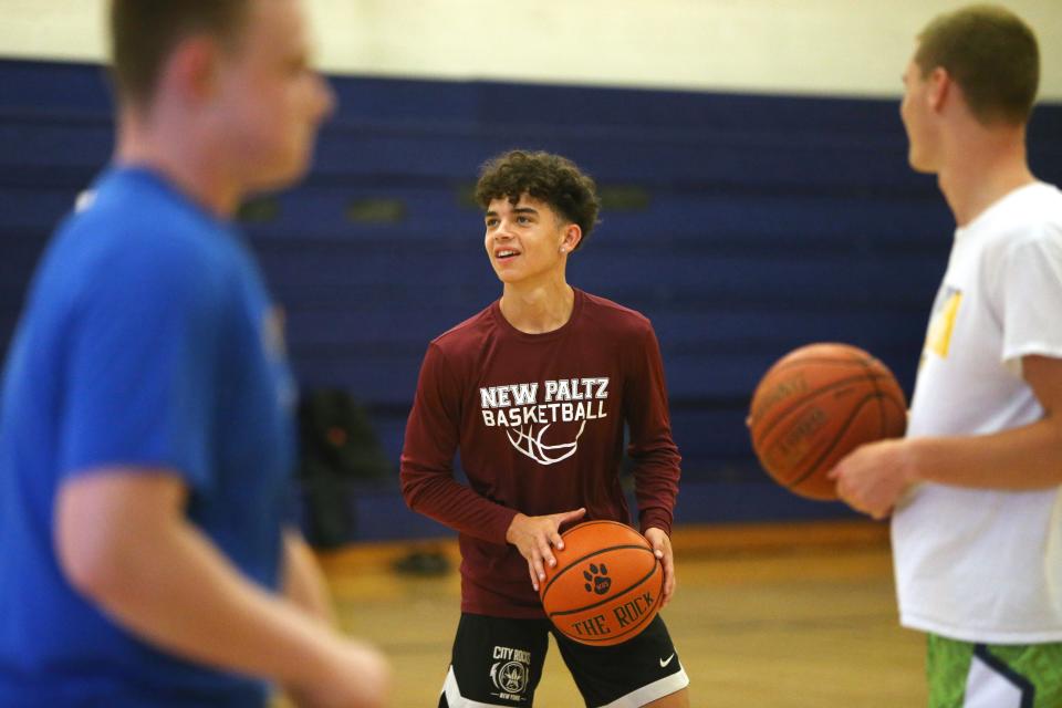 New Paltz's Cayden Dones runs a drill during practice with the BCANY Mid-Hudson boys basketball team in Wallkill on July 24, 2023.