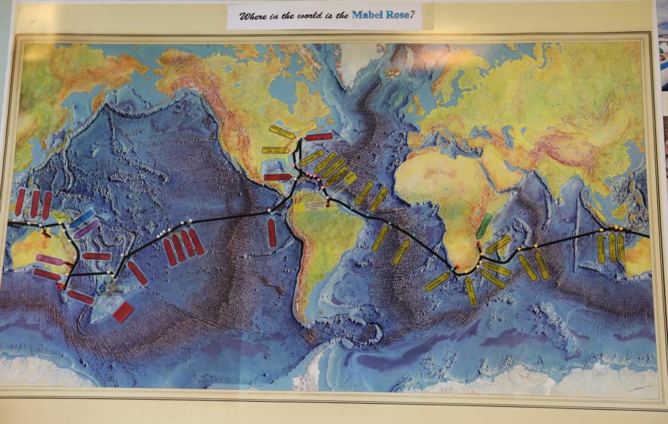 A map at the Nyack Boat Club shows the trip around the world taken by Robin Bell and Karl Coplan who had just returned on their boat, the Mabel Rose May 7, 2024.
