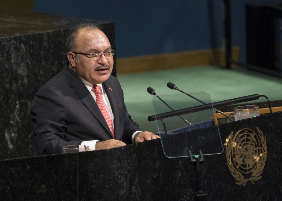 FILE - In this Sept. 23, 2017, file photo, Prime Minister of Papua New Guinea Peter O'Neill addresses the United Nations General Assembly at U.N. headquarters in New York. O'Neill has resigned Sunday after seven years on the job. His announcement follows weeks of high profile defections from his government to the opposition. (AP Photo/Craig Ruttle, File)