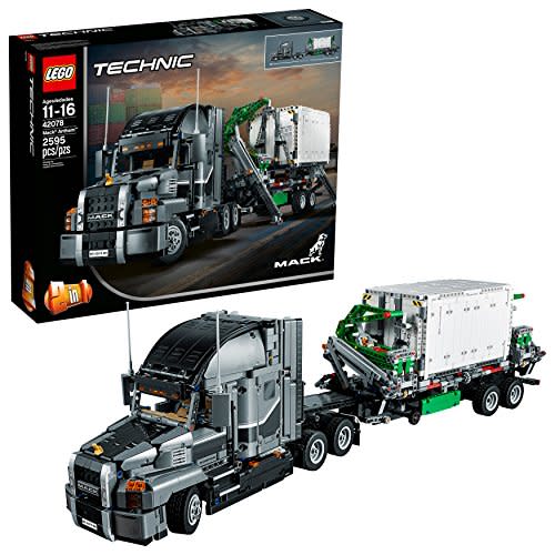 <p><strong>LEGO</strong></p><p>amazon.com</p><p><strong>$179.90</strong></p><p><a rel="nofollow noopener" href="http://www.amazon.com/dp/B075SD9MJG/" target="_blank" data-ylk="slk:Shop now;elm:context_link;itc:0;sec:content-canvas" class="link ">Shop now</a></p><p>In terms of sheer scale, none of the other Lego kits in this roundup are as massive as the Mack Trucks Anthem semi truck Technic set. Built as shown (it can also be assembled into a garbage truck), the Mack rig and trailer measure 32 inches long! There is an inline-six engine with functioning pistons fronted by an all-important cooling fan, a bunk bed in its sleeper cab, and deployable outriggers for stabilizing the trailer's crane attachment. </p><p>2595 pieces</p>