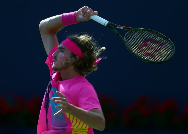 Stefanos Tsitsipas of Greece plays a shot against Rafael Nadal of Spain on August 12, 2018 in Toronto, Canada