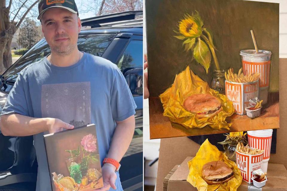 <p><a href="https://www.instagram.com/noahverrier/?hl=en">Noah Verrier/Instagram</a></p> Noah Verrier with his Taco Bell painting (left), Noah working on a Whattaburger painting with his models set up