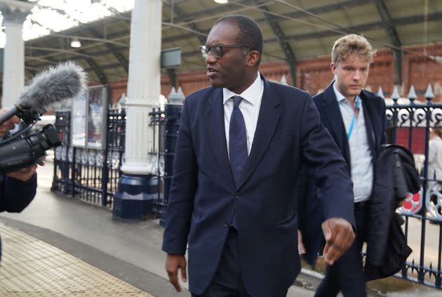 Chancellor Kwasi Kwarteng arrives at Darlington station for a visit to see local business. (Photo: Owen Humphreys via PA Wire/PA Images)
