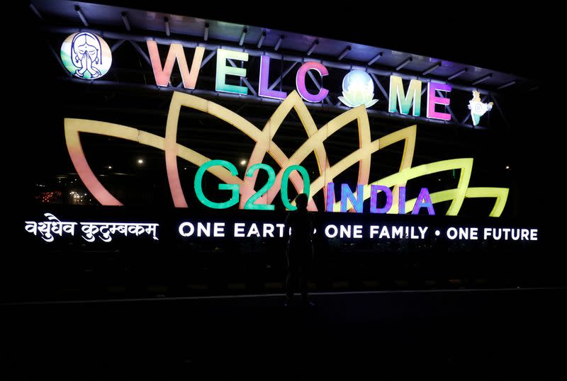 A police officer stands outside 'Bharat Mandapam' in New Delhi