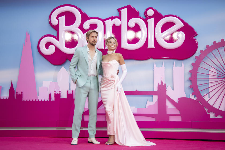 Ryan Gosling and Margot Robbie pose for photographers upon arrival at the premiere of the film 'Barbie' on Wednesday, July 12, 2023, in London. (Vianney Le Caer/Invision/AP)