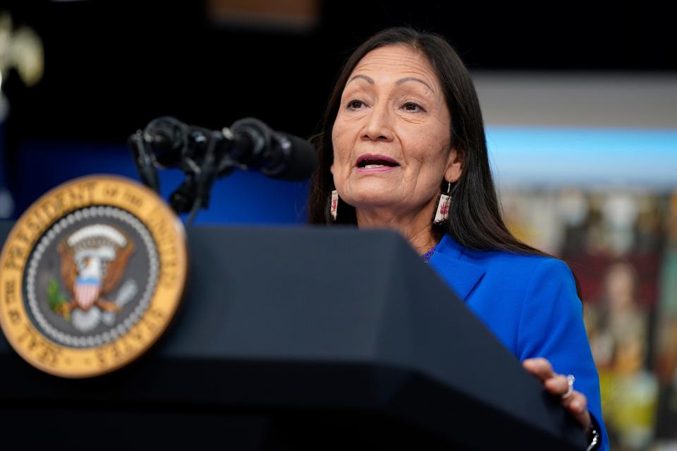 FILE - Interior Secretary Deb Haaland speaks during a Tribal Nations Summit during Native American Heritage Month, in the South Court Auditorium on the White House campus, on Nov. 15, 2021, in Washington. Haaland on Thursday, May 5, 2022, announced the members of a commission that will craft recommendations on how the federal government can better tackle unsolved cases in which Native Americans and Alaska Natives have gone missing or have been killed. (AP Photo/Evan Vucci, File)