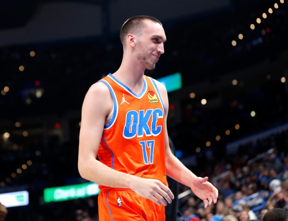 Oklahoma City Thunder forward Aleksej Pokusevski (17) reacts before checking in during the second half of the Oklahoma City Thunder and Charolette Hornets at Paycom Center in Oklahoma City, Friday, Feb. 2, 2024.