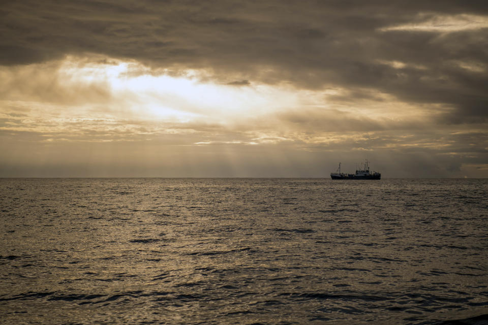 The Sea-Eye rescue ship in the Mediterranean Sea, Tuesday, Jan. 8, 2018. Two German nonprofit groups are appealing to European Union countries to take in 49 migrants whose health is deteriorating while they are stuck on rescue ships in the Mediterranean Sea. Sea-Watch and Sea-Eye representatives told reporters in Berlin on Tuesday that drinking water was being rationed on their ships and some migrants had trouble eating due to illness. (AP Photo/Rene Rossignaud)