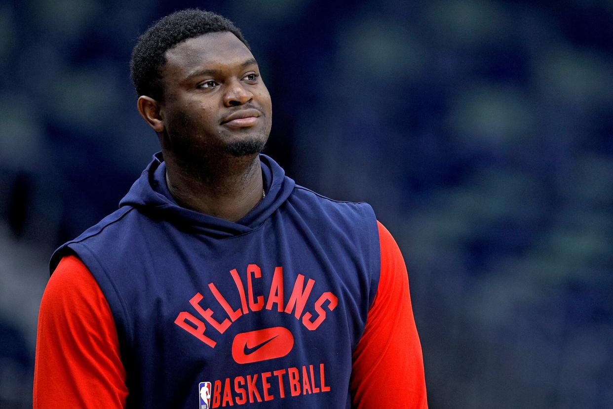 Zion Williamson #1 of the New Orleans Pelicans stands on the court prior to the start of an NBA game against the San Antonio Spurs at Smoothie King Center on March 26, 2022 in New Orleans, Louisiana.