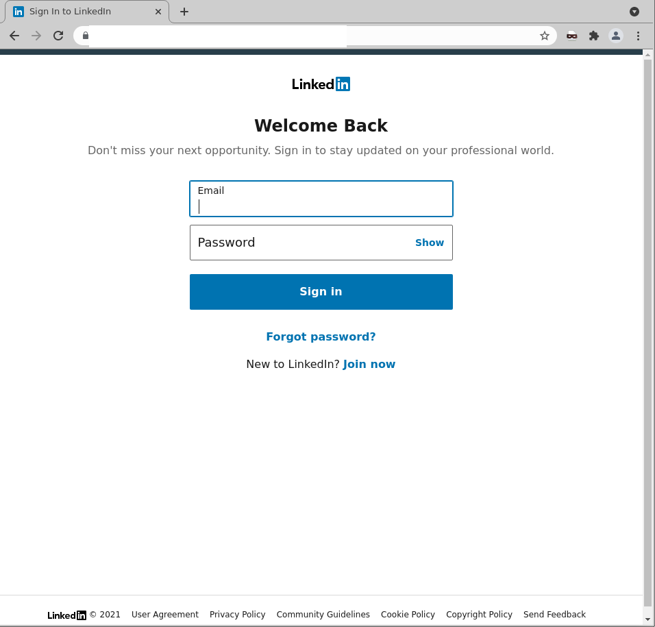 Screenshot of log in page for LinkedIn scam