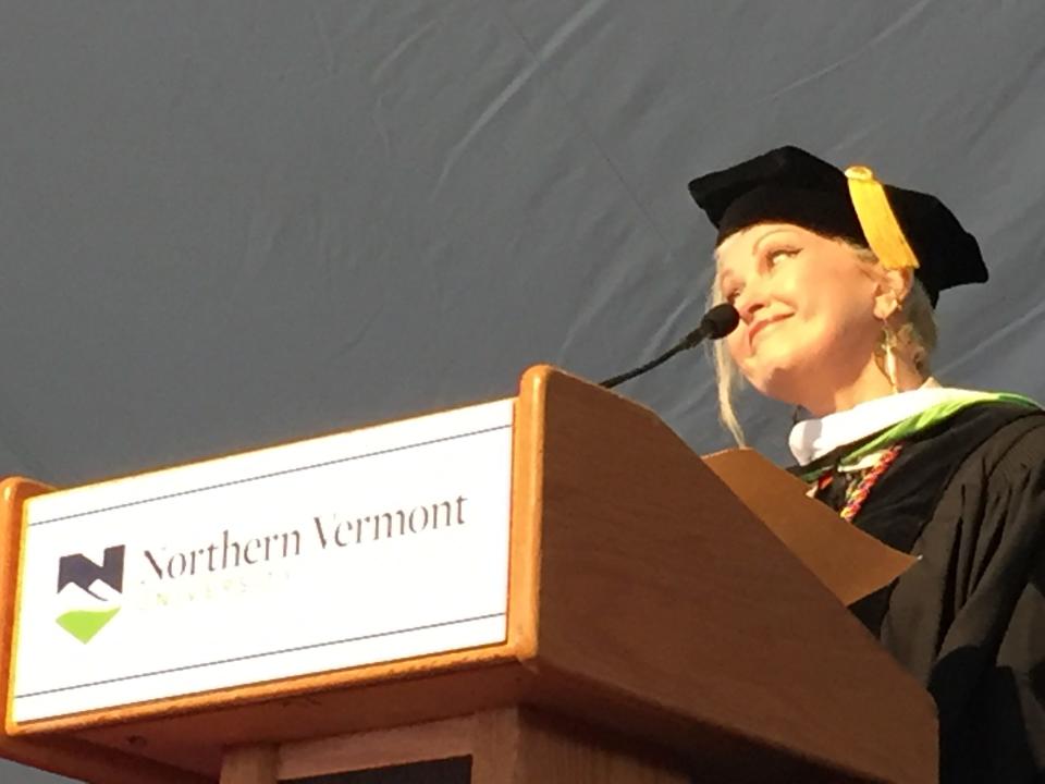 Singer Cyndi Lauper reacts during her commencement address at Northern Vermont University - Johnson on May 18, 2019.