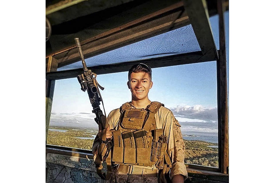 This undated photo released by the Riverside County Sheriff's Department shows U.S. Marine Corps Cpl. Hunter Lopez, 22, of Indio, Calif., who was killed on Aug. 26, 2021, in the bomb attacks in Kabul, Afghanistan. Cpl. Hunter Lopez, the son of Riverside County Sheriff's Department Captain Herman Lopez and Deputy Alicia Lopez was a sheriff's Explorer for three years before joining the Marine Corps in Sept. 2017, Sheriff Chad Bianco said. Bianco said Lopez planned to follow in his parents' footsteps and become a Riverside County Sheriff's Deputy after his deployment. (Riverside County Sheriff's Department via AP)