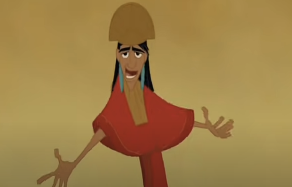 close up of kuzco singing with his arms out