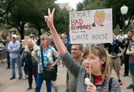 <p>Jaime Shimkus participates in the “Not My President’s Day” rally at the capitol in Austin, Texas, Feb. 20, 2017. Protesters rallied against the policies of Donald Trump on Presidents’ Day. (Jay Janner/Austin American-Statesman via AP) </p>