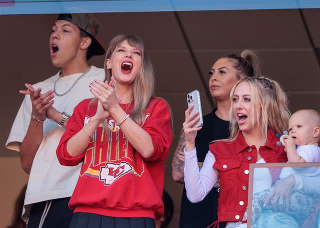 <p>William Purnell/Icon Sportswire via Getty </p> Grammy award winning artist Taylor Swift watches the game between the Kansas City Chiefs and the Los Angeles Chargers with Brittany Mahomes on October 22, 2023 at GEHA Field at Arrowhead Stadium in Kansas City, Missouri.