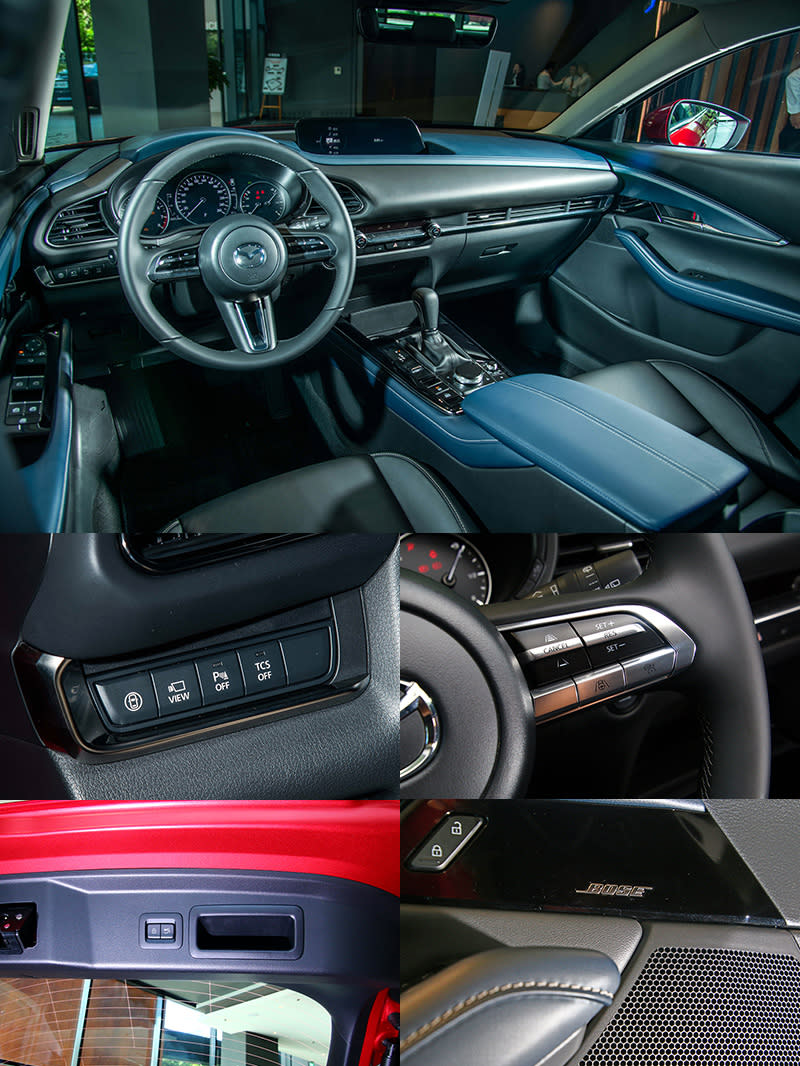 CX-30採內裝較CX-3與Mazda3不同的是，採用更活潑的藍/黑配色。而包括：Bose音響、MRCC全速域主動車距控制巡航、CTS巡航模式車道維持輔助、SBS-RC智慧後車盲區煞車輔助系統，以及電動尾門等則會依車型等級不同搭配搭載。