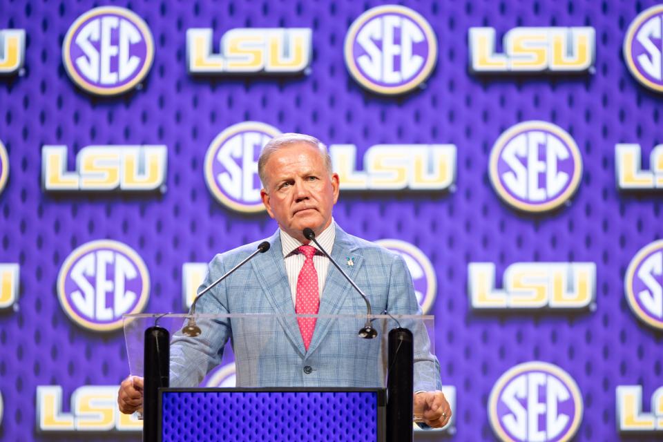 July 15, 2024; Dallas, Texas, USA; LSU coach Brian Kelly speaking at the Omni Dallas Hotel. Mandatory Credit: Brett Patzke-USA TODAY Sports