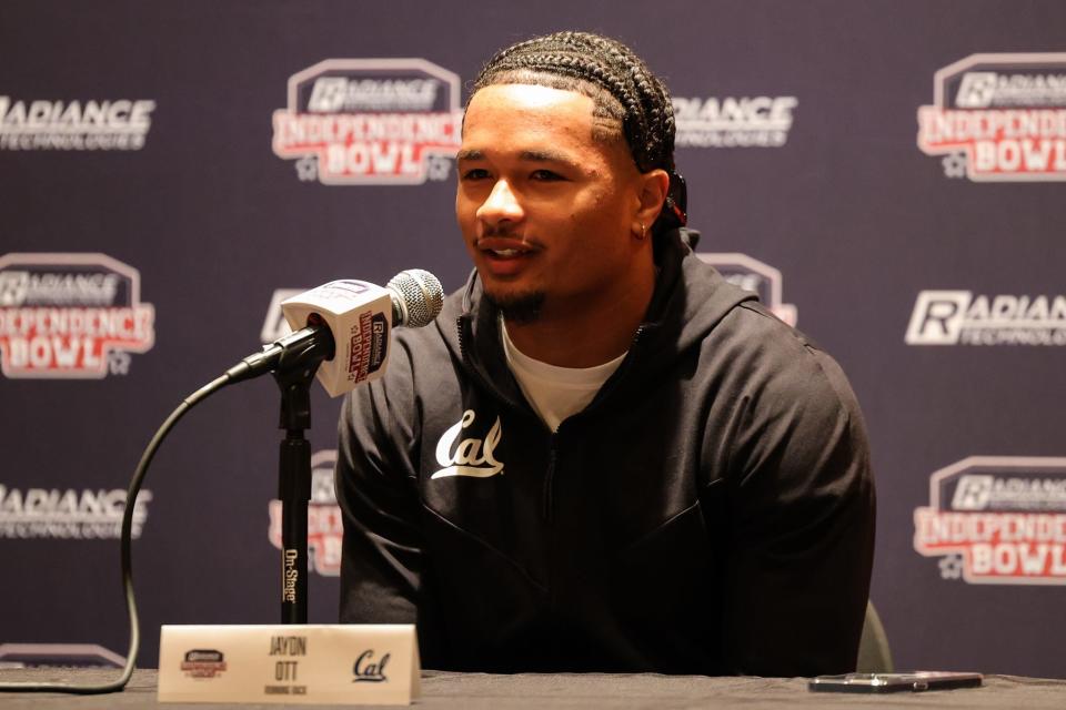 California running back Jaydn Ott answers questions during the Independence Bowl pre-game press conference Friday at Bally's Shreveport Casino & Hotel in Shreveport, Louisiana.