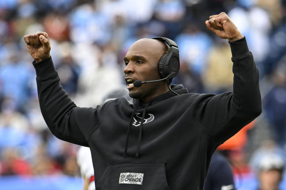 Houston Texans head coach DeMeco Ryans reacts to play against the Tennessee Titans during the first half of an NFL football game, Sunday, Dec. 17, 2023, in Nashville, Tenn. (AP Photo/John Amis)