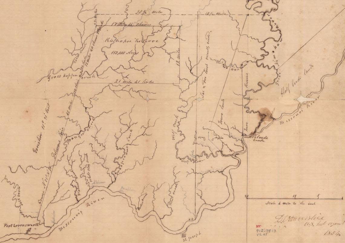 Map of Kansas Territory, including Indian lands, in present-day Doniphan, Atchison, and Leavenworth counties. Drawn by Maj. Daniel Vanderslice, 1854.