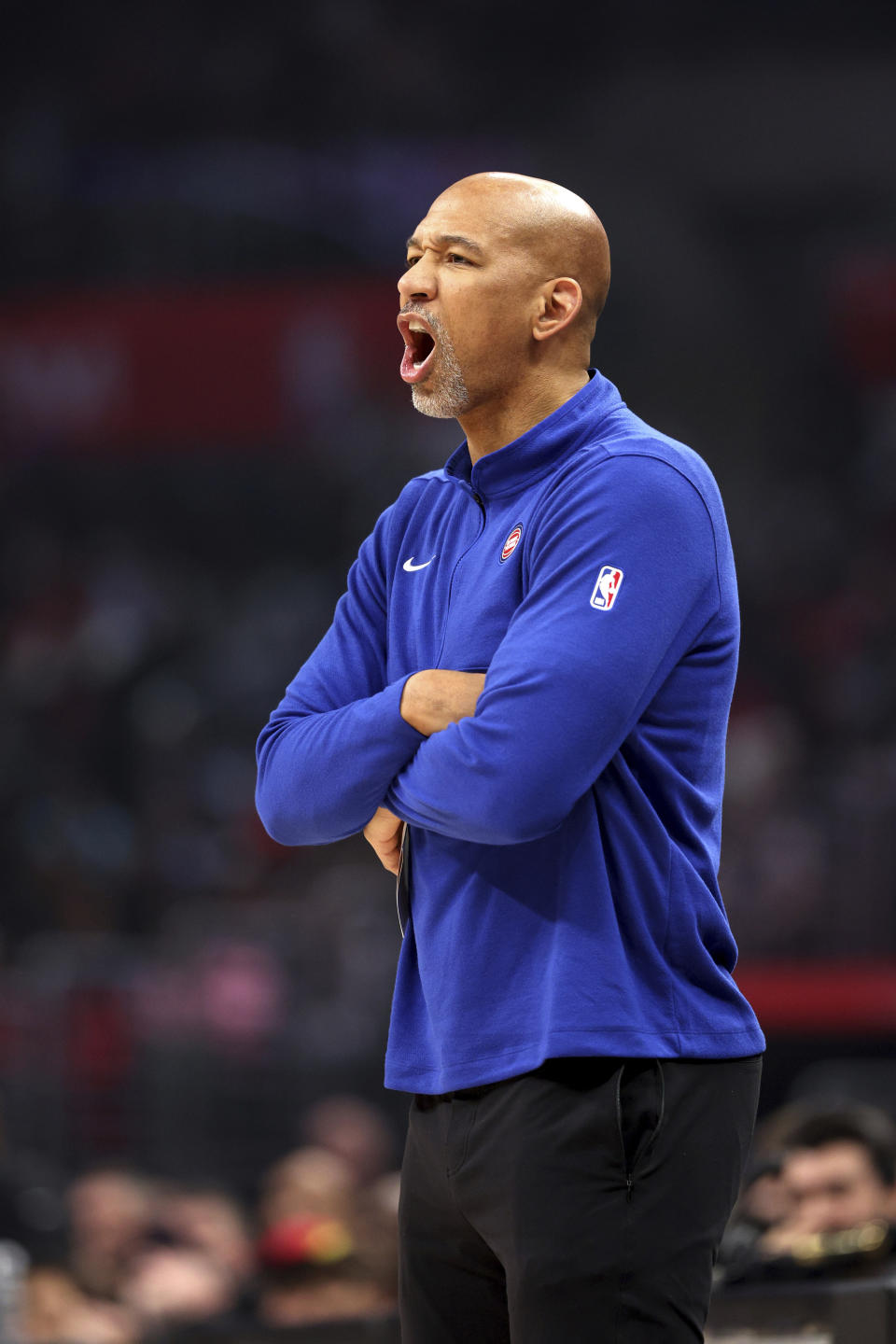 Detroit Pistons head coach Monty Williams reacts during the first half of an NBA basketball game against the Los Angeles Clippers, Saturday, Feb. 10, 2024, in Los Angeles. (AP Photo/Raul Romero Jr.)