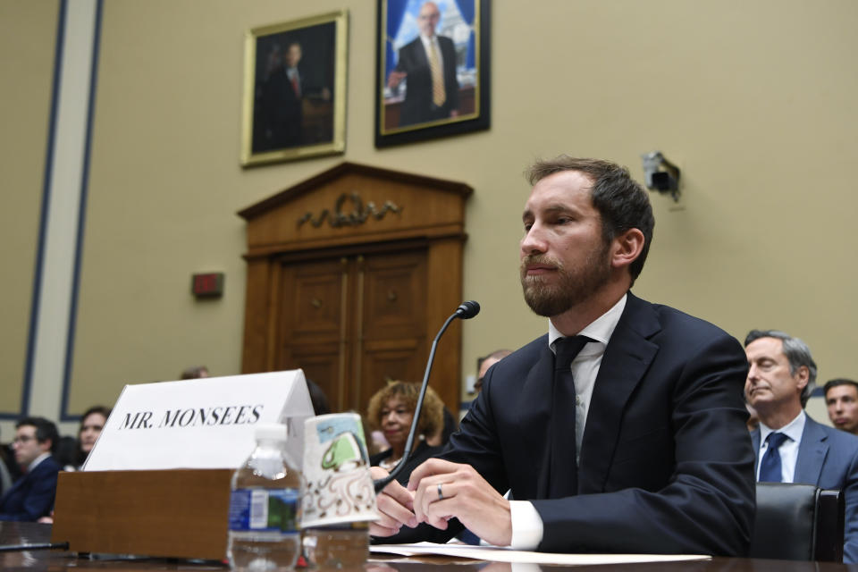 FILE - In this July 25, 2019, file photo, Juul Labs co-founder and Chief Product Officer James Monsees testifies before a House Oversight and Government Reform subcommittee on Capitol Hill in Washington, during a hearing on the youth nicotine epidemic. Vaping giant Juul Labs has donated thousands of dollars to court state attorneys general. But the lobbying strategy may be backfiring. (AP Photo/Susan Walsh, file)