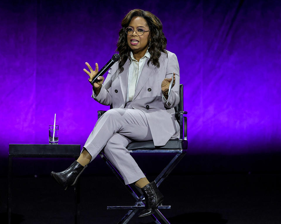 Oprah Winfrey speaks onstage as she promotes the upcoming film "The Color Purple" during the Warner Bros. Pictures Studio presentation during CinemaCon, the official convention of the National Association of Theatre Owners, at The Colosseum at Caesars Palace on April 25, 2023 in Las Vegas, Nevada.